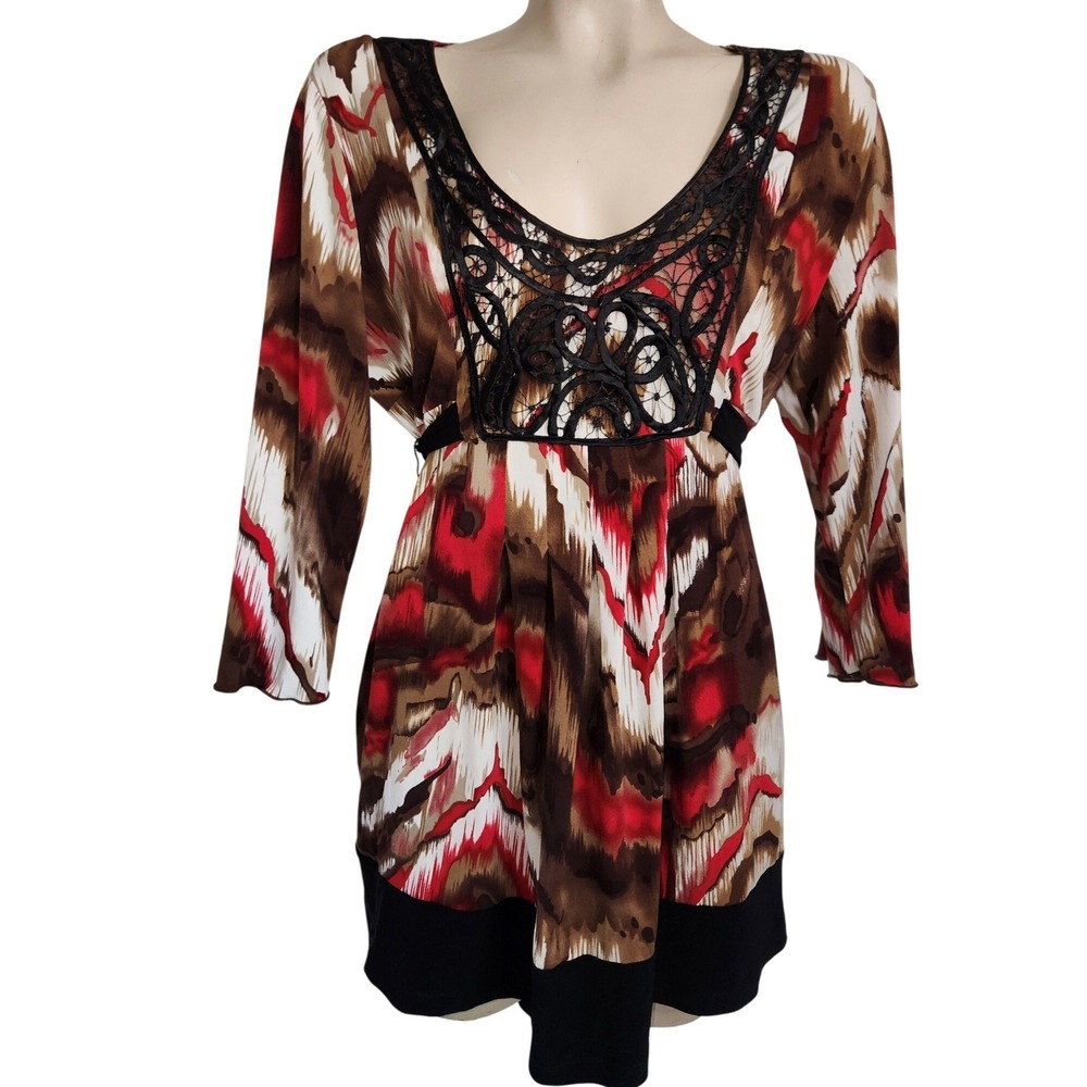 Cocomo Women Red Brown Abstract Print Crochet Lace Accent Empire Waist Tunic Top